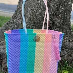 Pink and Blue Woven Tote Bag with Gradient Colors